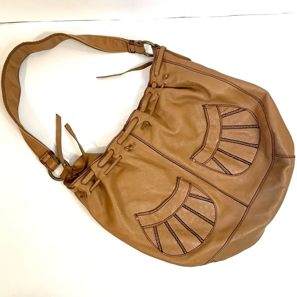 Lucky Brand Genuine Leather Slouchy Hobo Bag Purse Tan - Picture 3 of 8